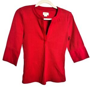 Maeve Anthropologie Red Ribbed Split Neck 3/4 Sleeve Top Small Poplin Cuff
